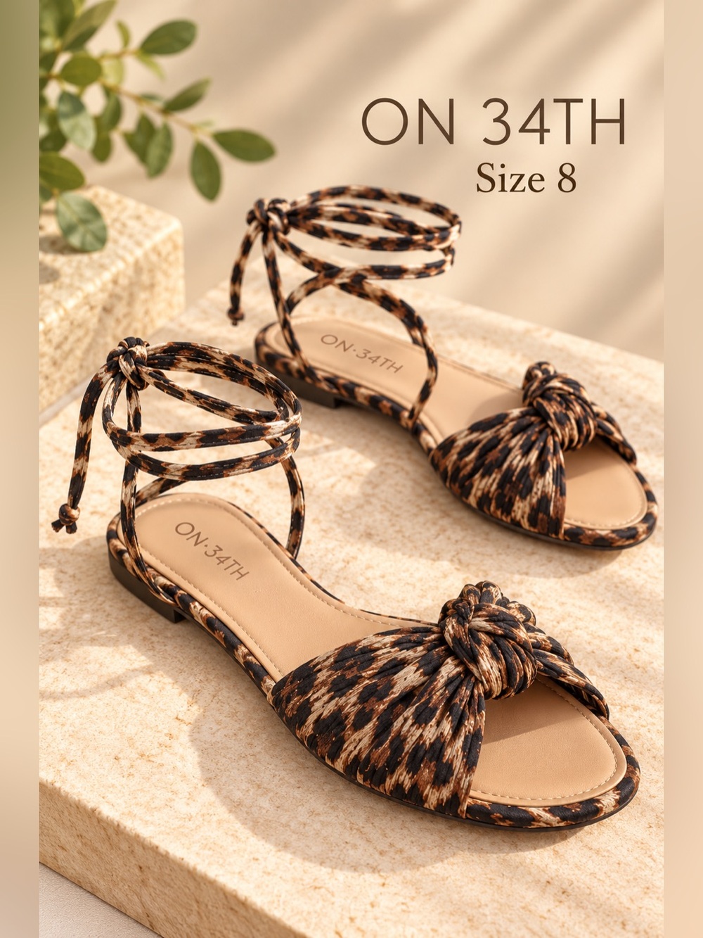 On 34th Jennie Leopard Ankle Tie Flat Sandals Size 8